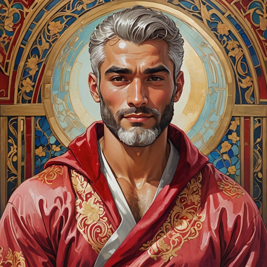 Radiant Man in Red Robe, Art Nouveau Portrait