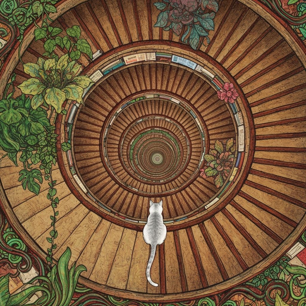 Surreal Staircase with Cat in Fantasy Kingdom Style