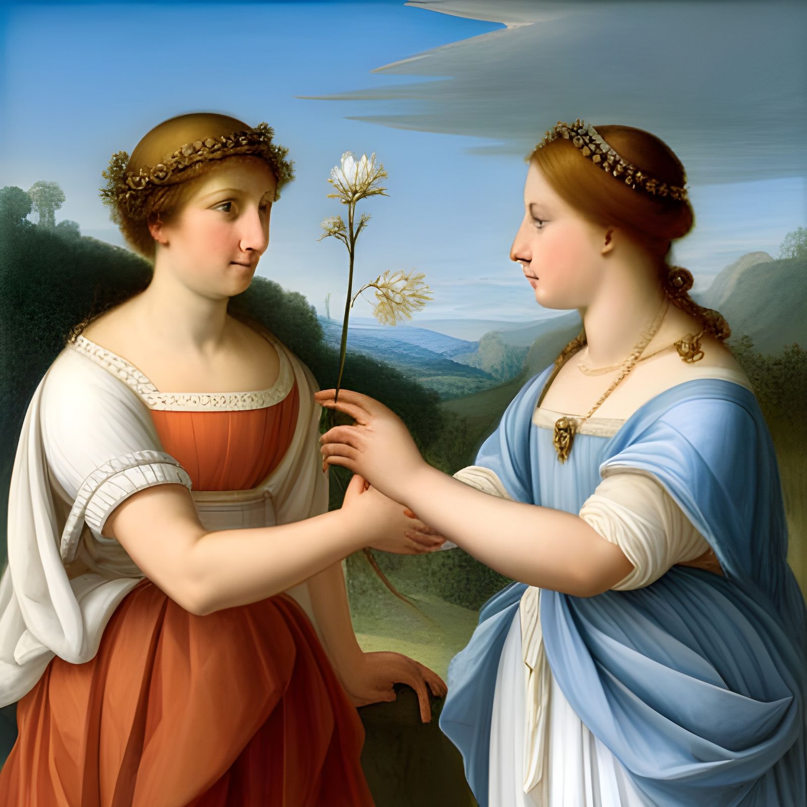 The Spring Princess handing a flower to the Summer Queen