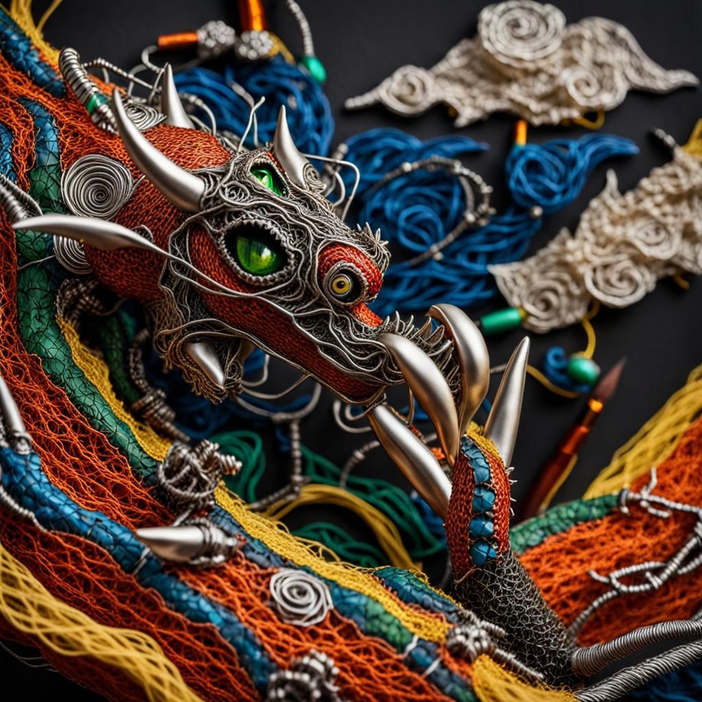 Wire Dragon: A Vibrant Mixed Media Collage