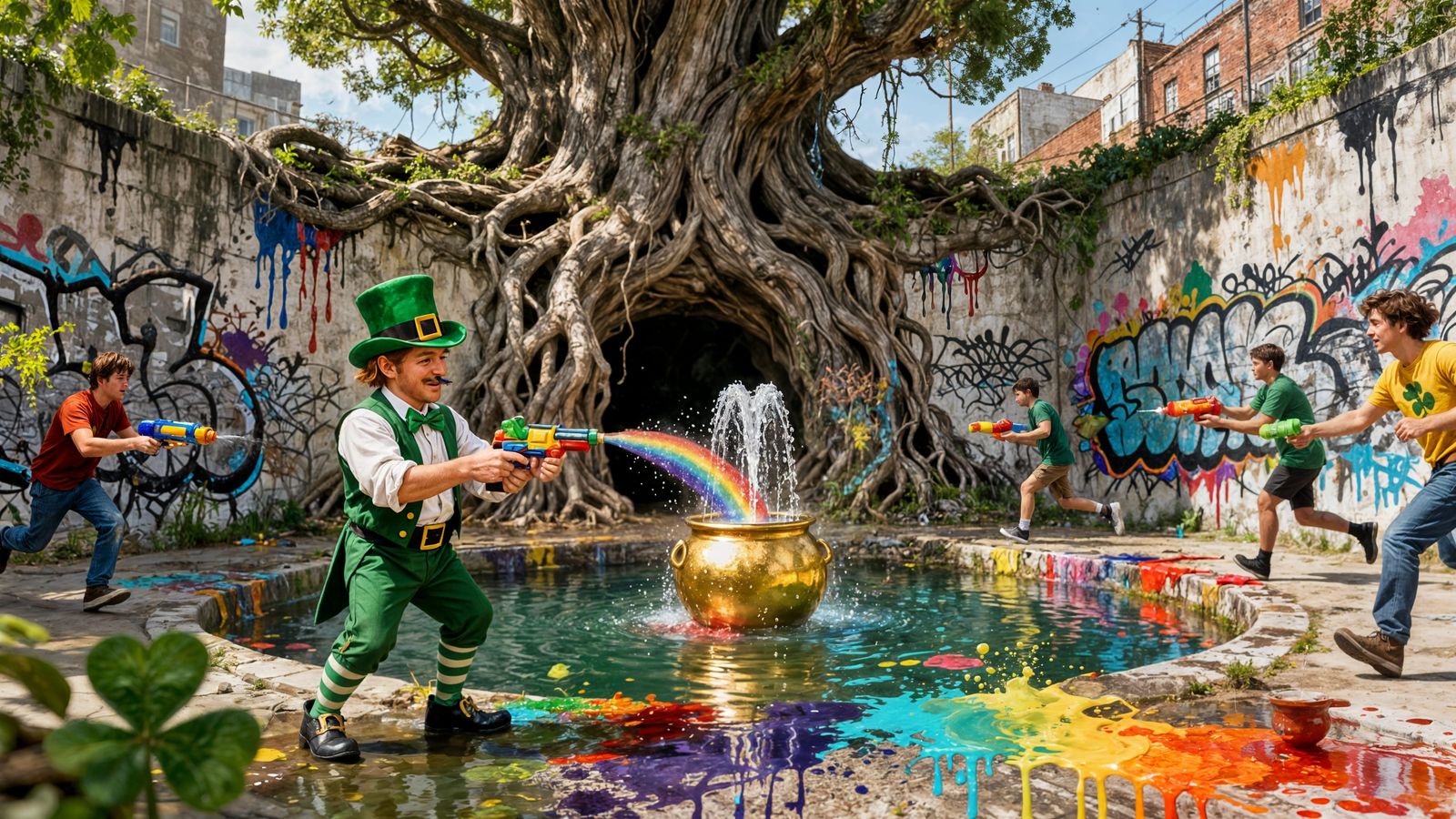 Leprechauns in a Rainbow Paint Fight Underground