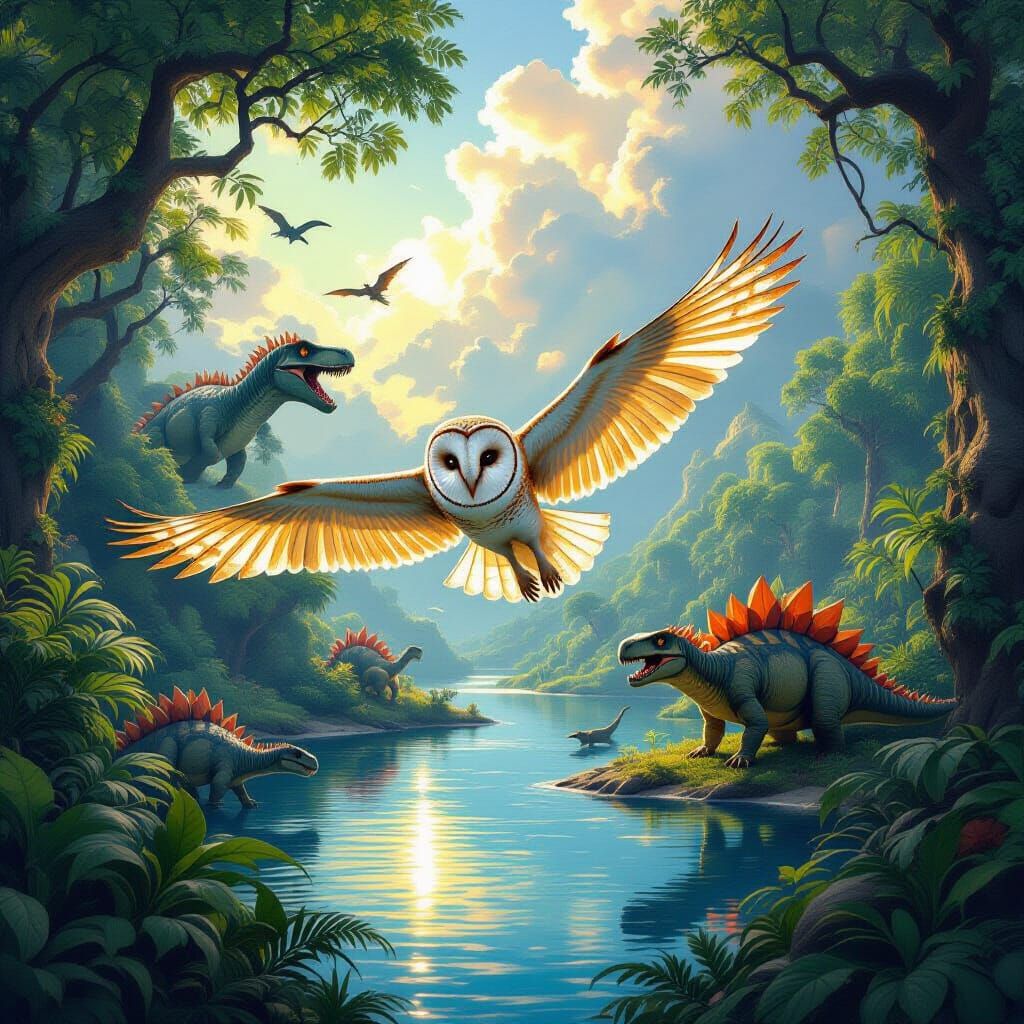 Barn Owl in Prehistoric Landscape, Digital Art