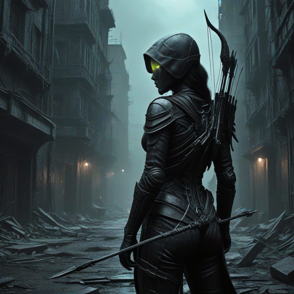 Ominous Archer of Infinity in a Desolate Dystopian Landscape