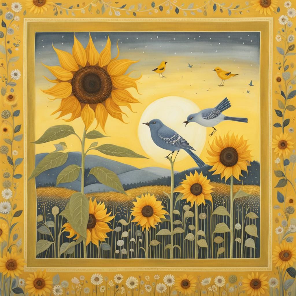 Sunflower and Bird at Sunset: Impressionist Style