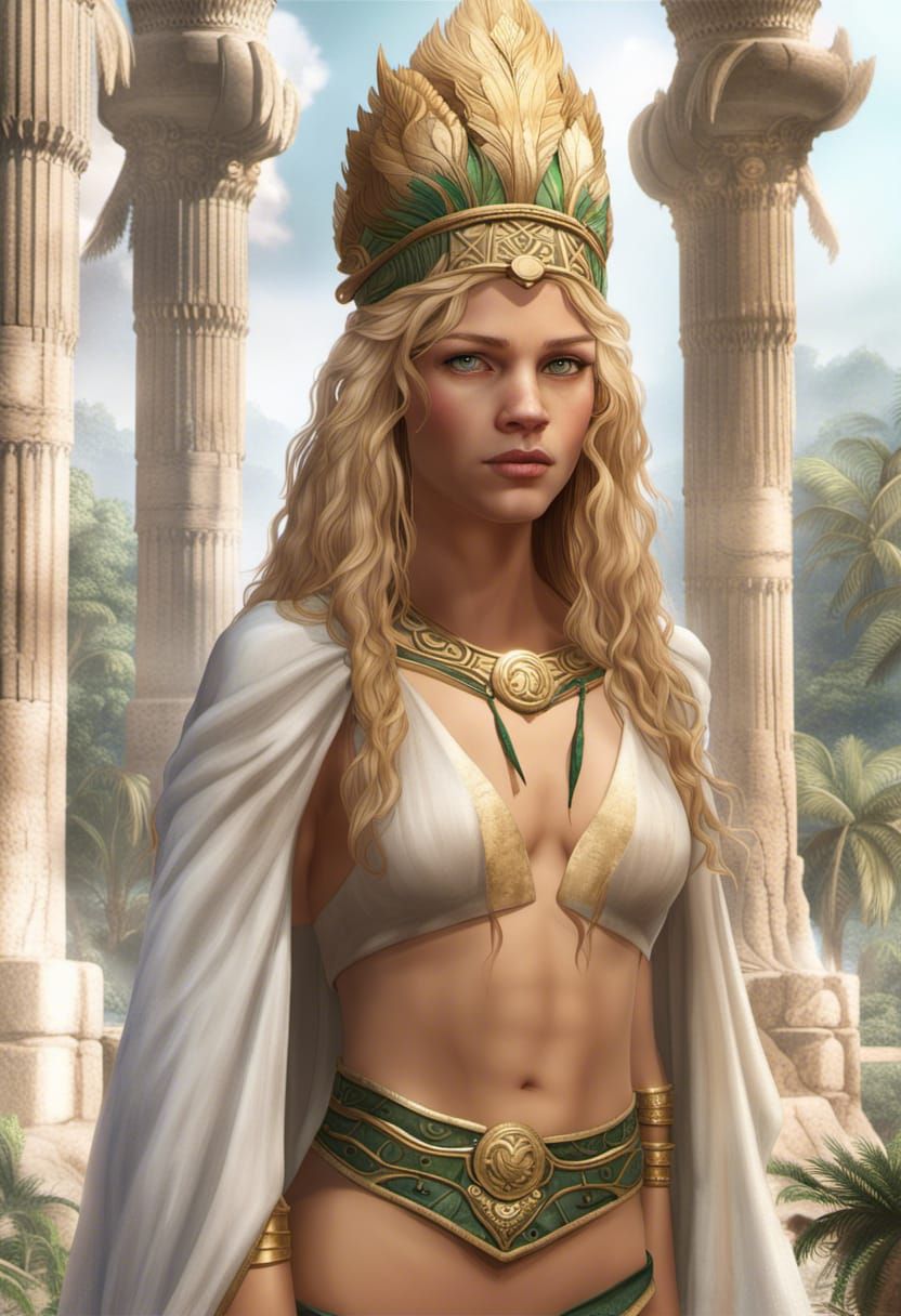 Amazonian Woman at Artemis Temple, Hyperrealistic Art
