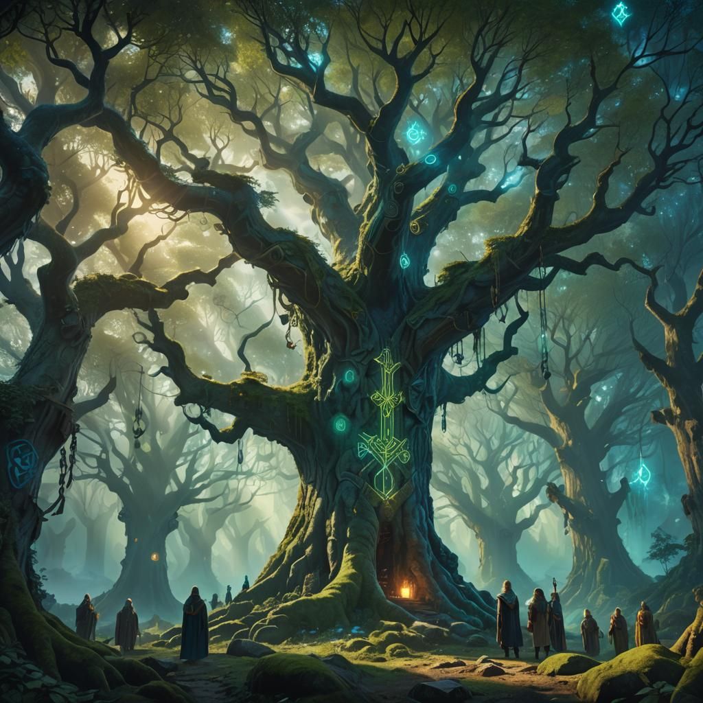 Mystical Druids in a Glowing Grove