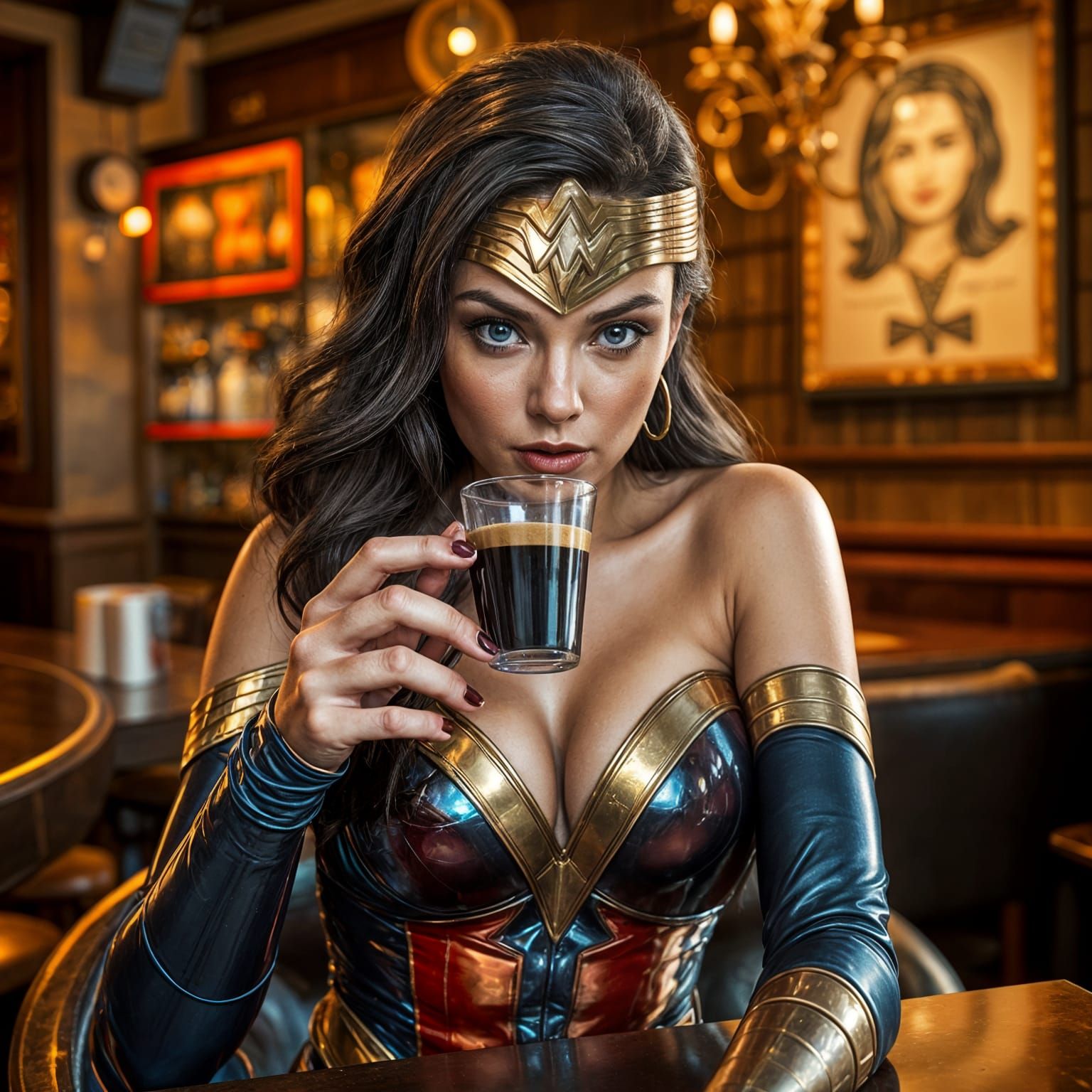 Wonder Woman Drinks Espresso in Hyperrealistic Detail