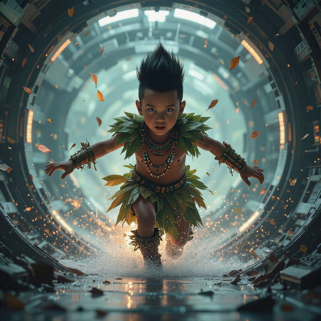 Indigenous Boy's Biomechanical Transformation in Pixel Art