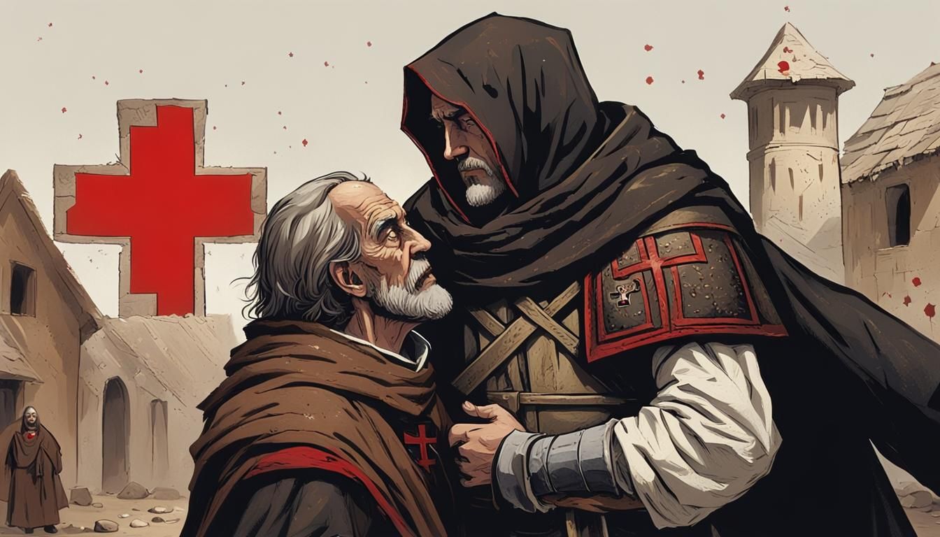 Templar Knight Sharing Secrets with Beggar