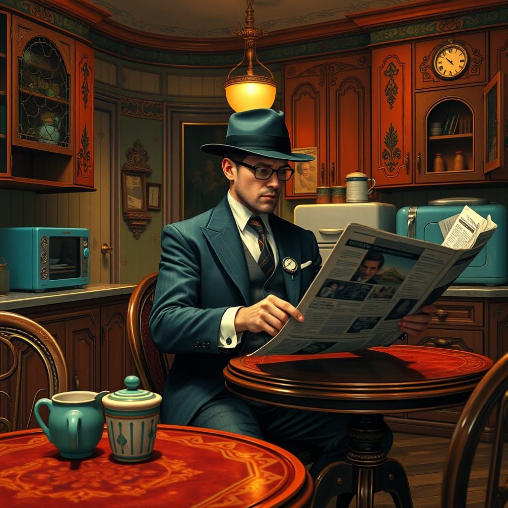 Man Reads Newspaper in Vintage Kitchen, Art Nouveau Style