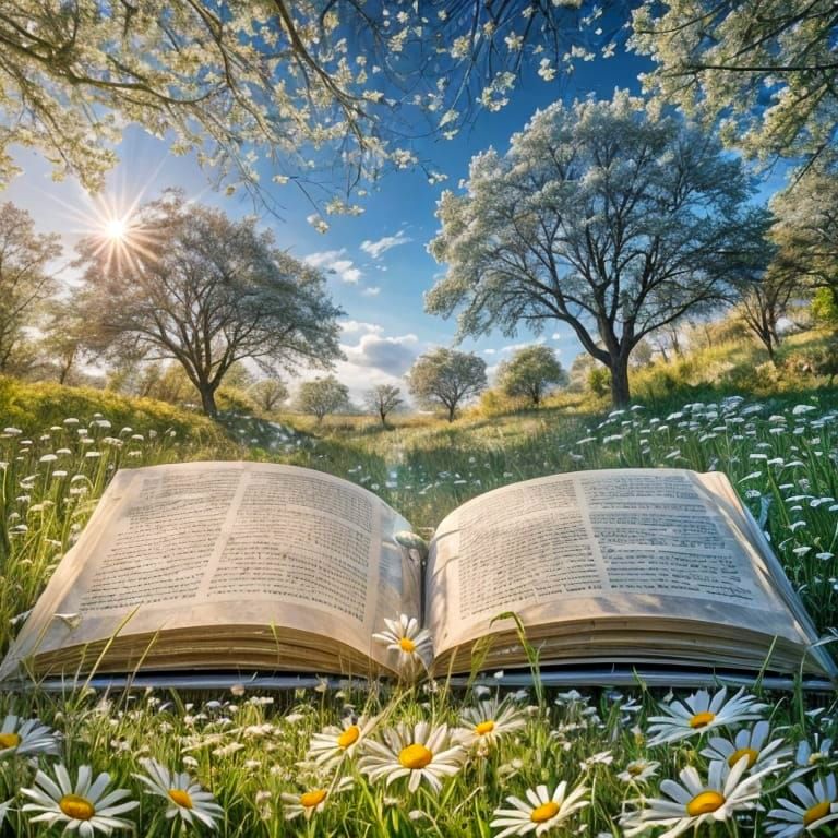 Open Book with Daisies and Sunshine