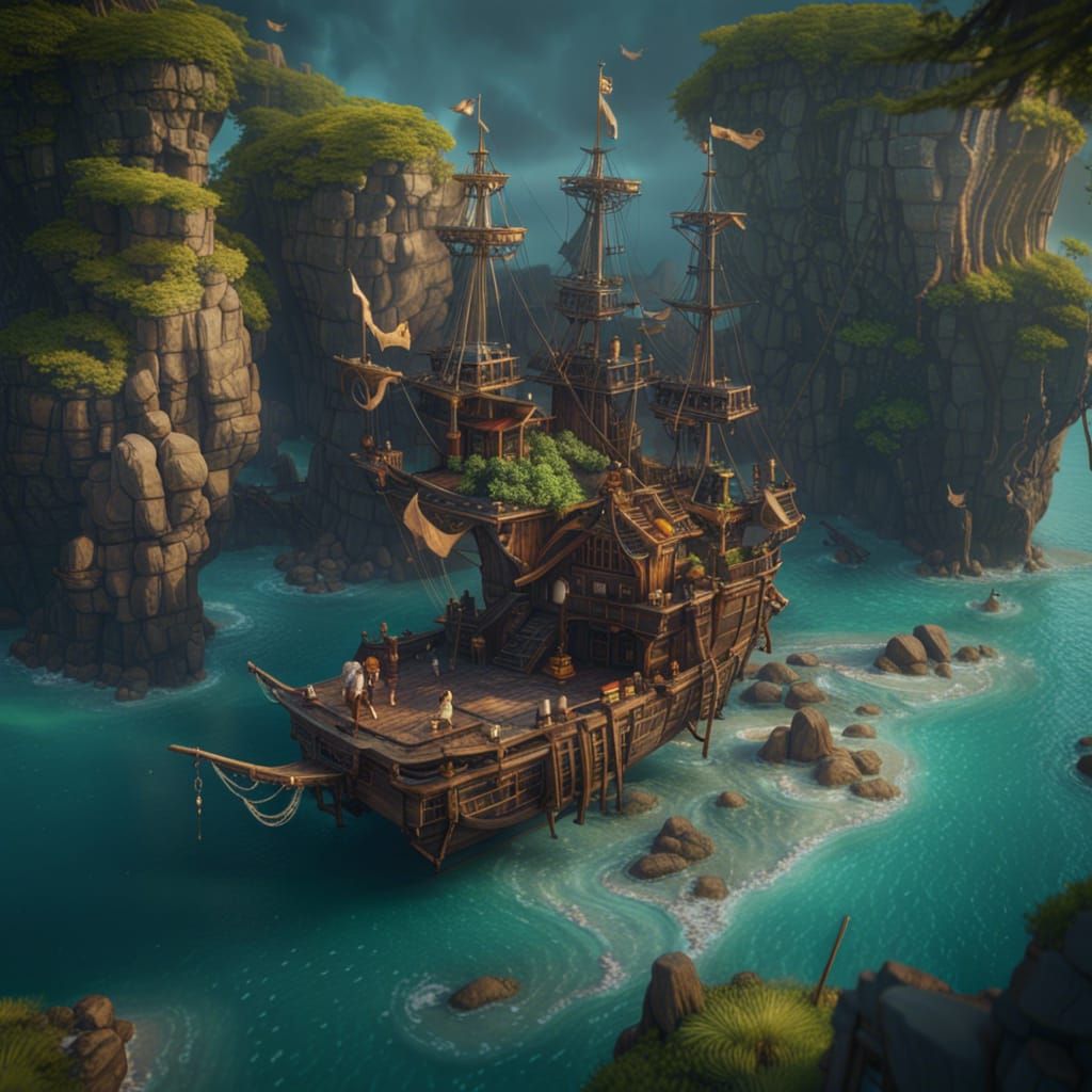 Detailed Pirate Island in Matte Painting Style