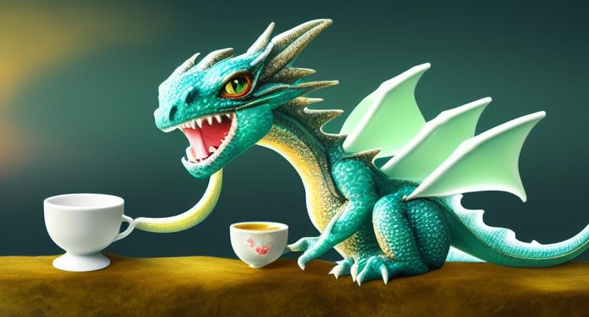 Astral Baby Dragon Drinks Tea in Holographic 8K