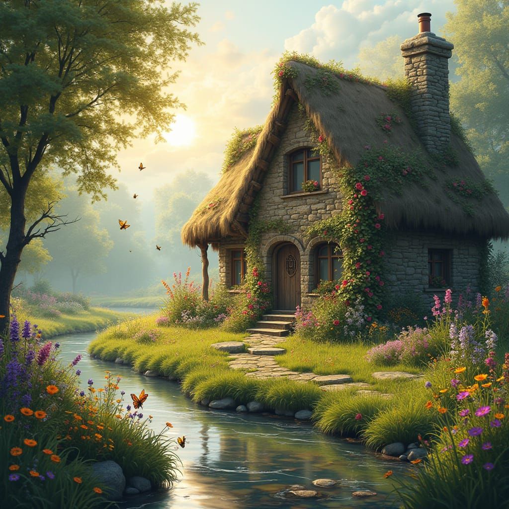 Whimsical Cottage in Sun-Drenched Meadow, Matte Painting