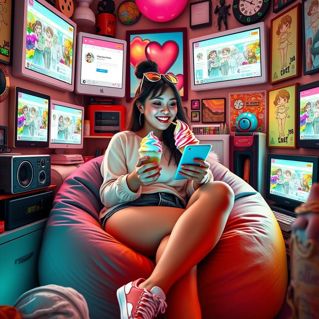 Whimsical Digital Art of a Young Woman in a Vibrant Social M...