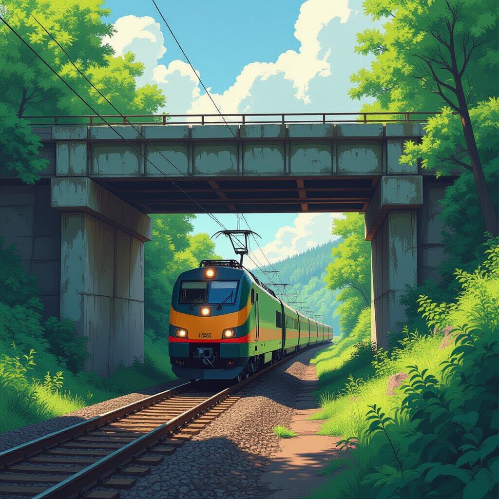 Nostalgic Futuristic Train Under Overpass in Lush Greenery