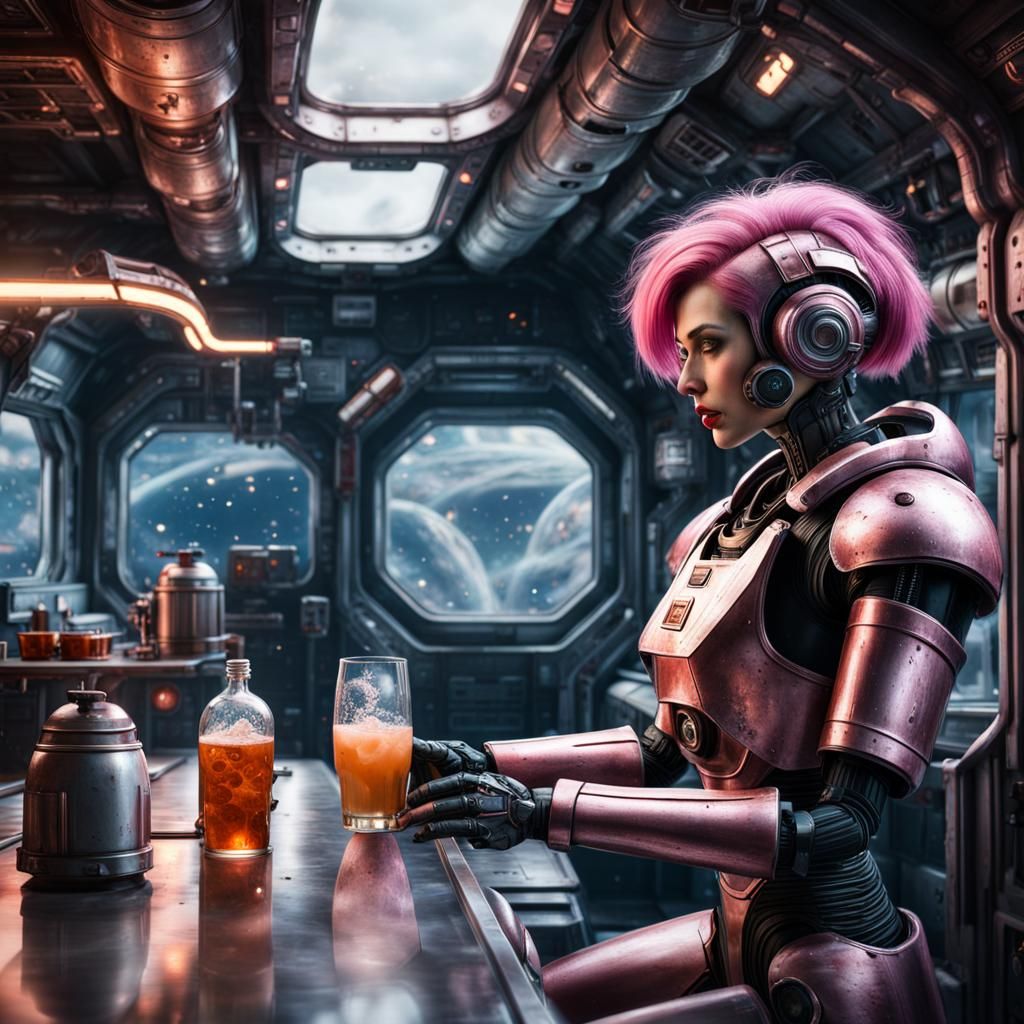Cyberpunk Woman Enjoying a Drink in Spaceship Canteen