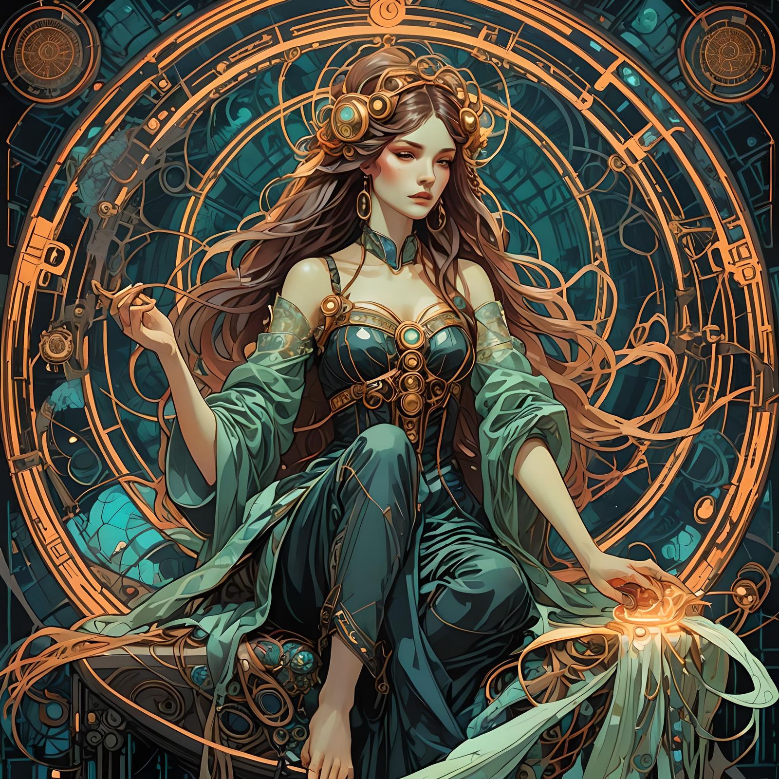 Cyberpunk Fates Spin Digital Threads in Art Nouveau Style