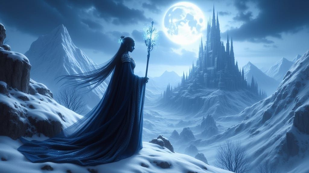 Drow Priestess on Frozen Peak Overlooking Kingdom
