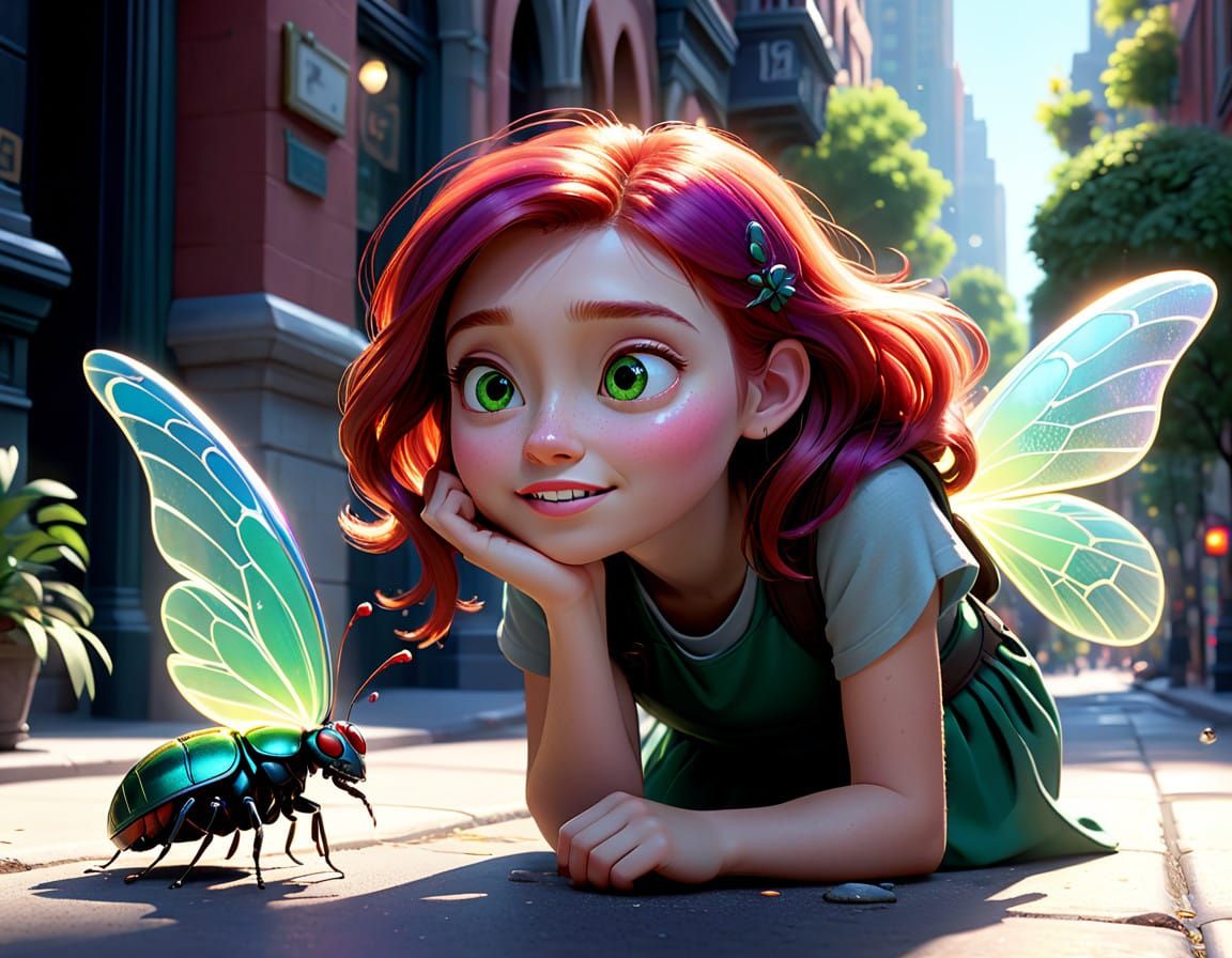 Girl Peers at Iridescent Bug on Sunlit Sidewalk in Whimsical...