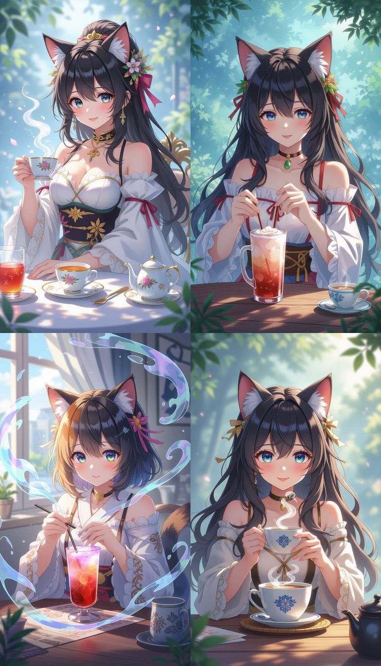 Calico Cat Girl Serving Drinks in Ethereal Fantasy Style