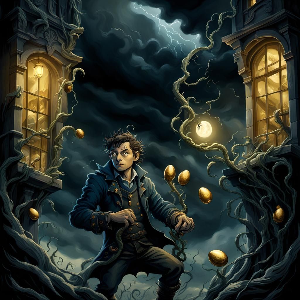 Jack Climbs Beanstalk in Stormy Dark Fantasy World