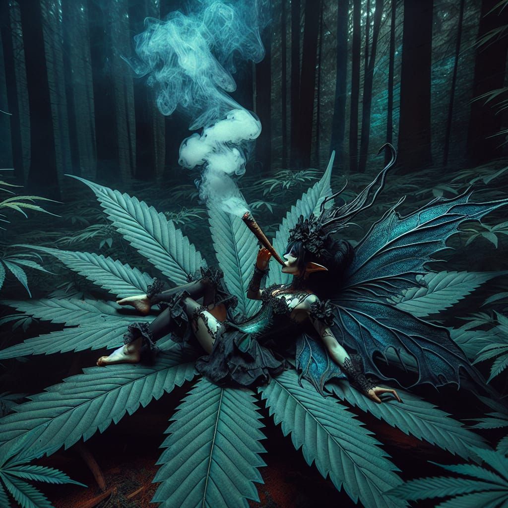 Gothic Fairy Lounging on Cannabis Leaf