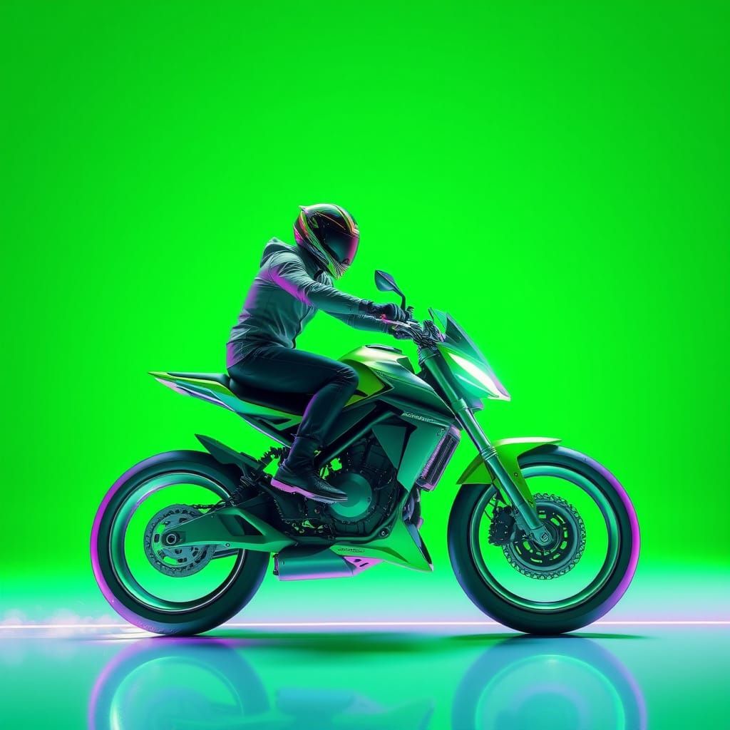 Psychedelic Green Futuristic Bike Rider: Game-Like Image