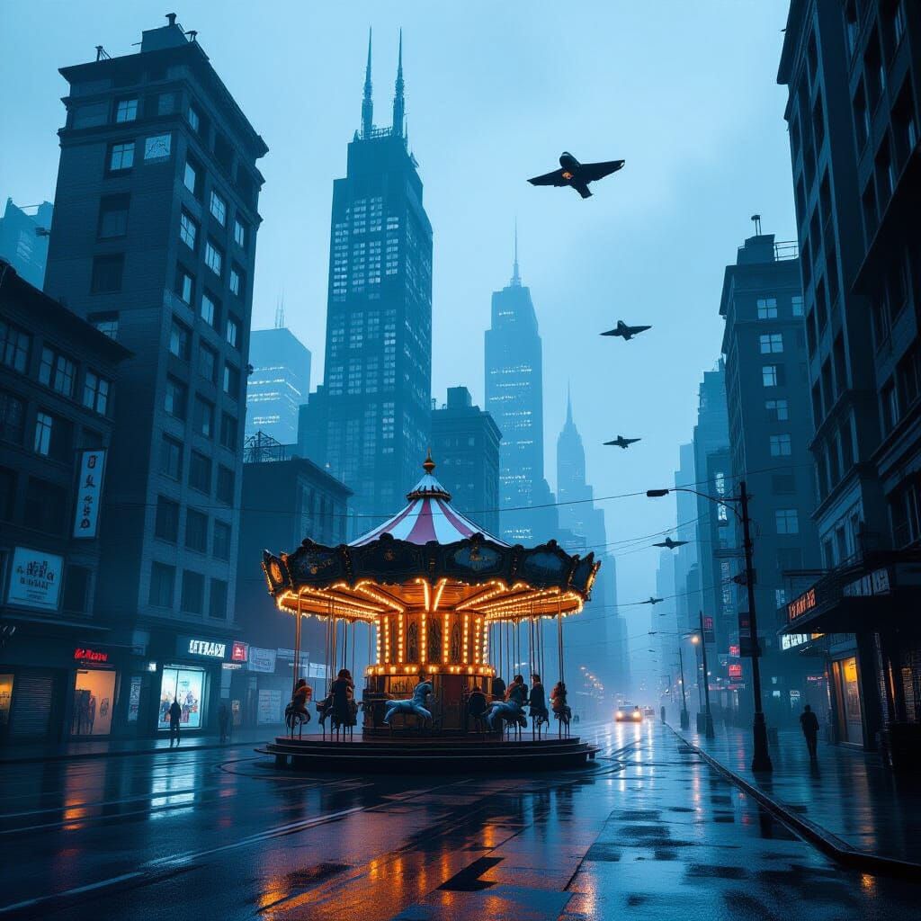 Dystopian Twilight Cityscape with Flying Cars and Eerie Caro...