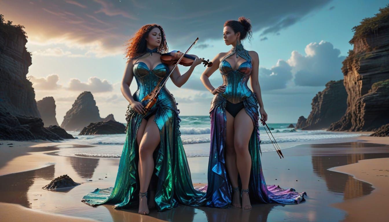 Violin Woman on Alien Beach in Holographic Style