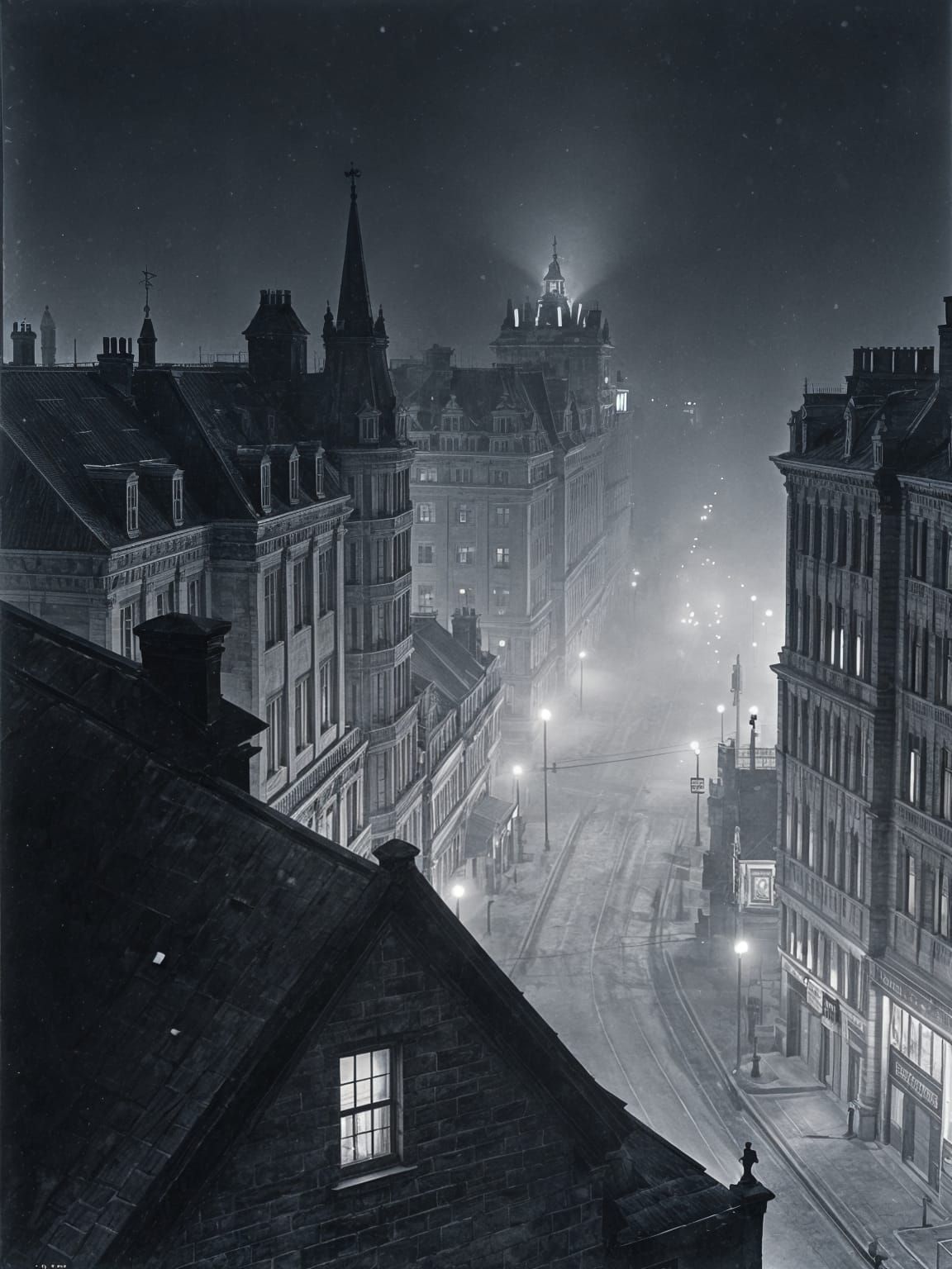 Monochrome Cityscape at Night: Vintage Photography
