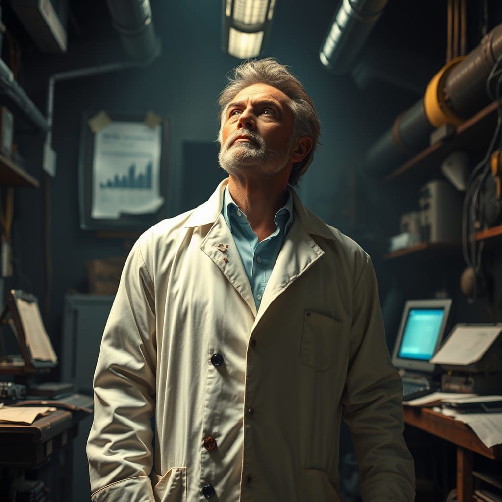 Inventor Contemplating AI in Industrial Workshop