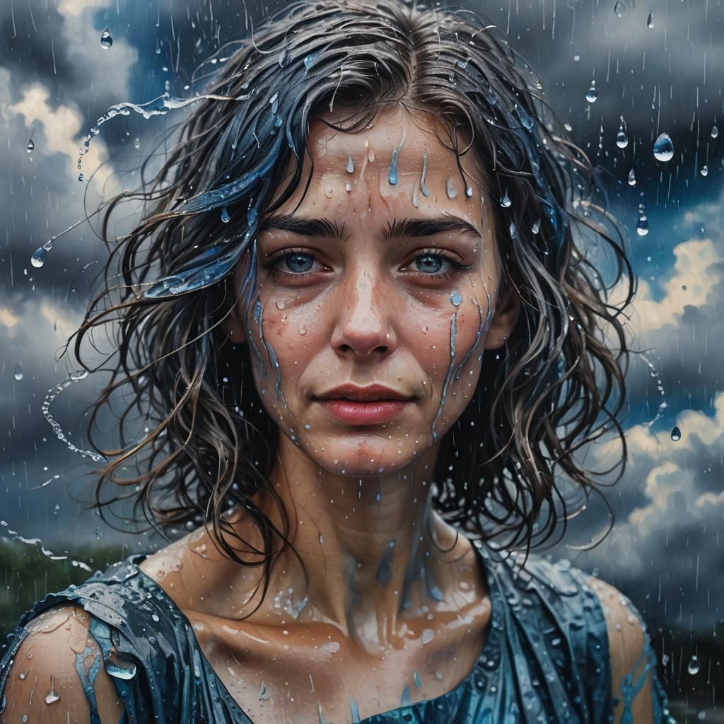 Drenched Siren Woman Hiding Sadness, Neo-Impressionist Portr...