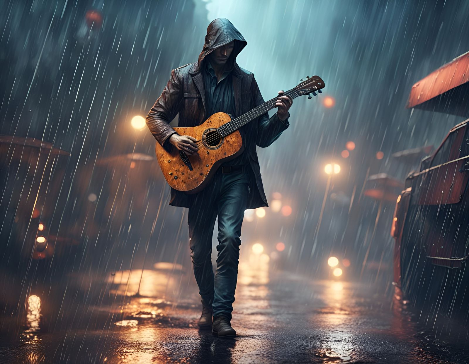 Guitarist Walks Home in Rain: Matte Painting