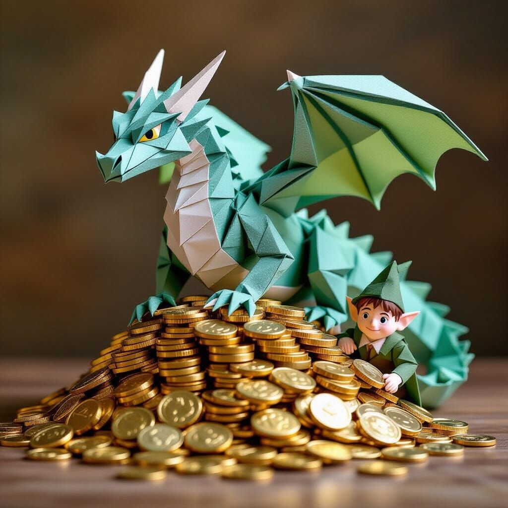 Origami Smaug and Bilbo on Treasure Pile