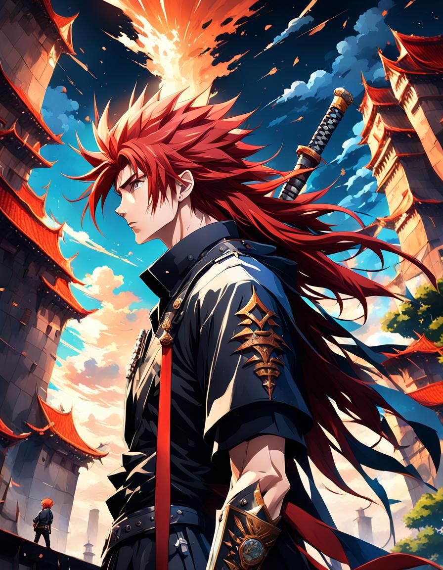 Anime Young Man Gazing at Sky Castle in 3D