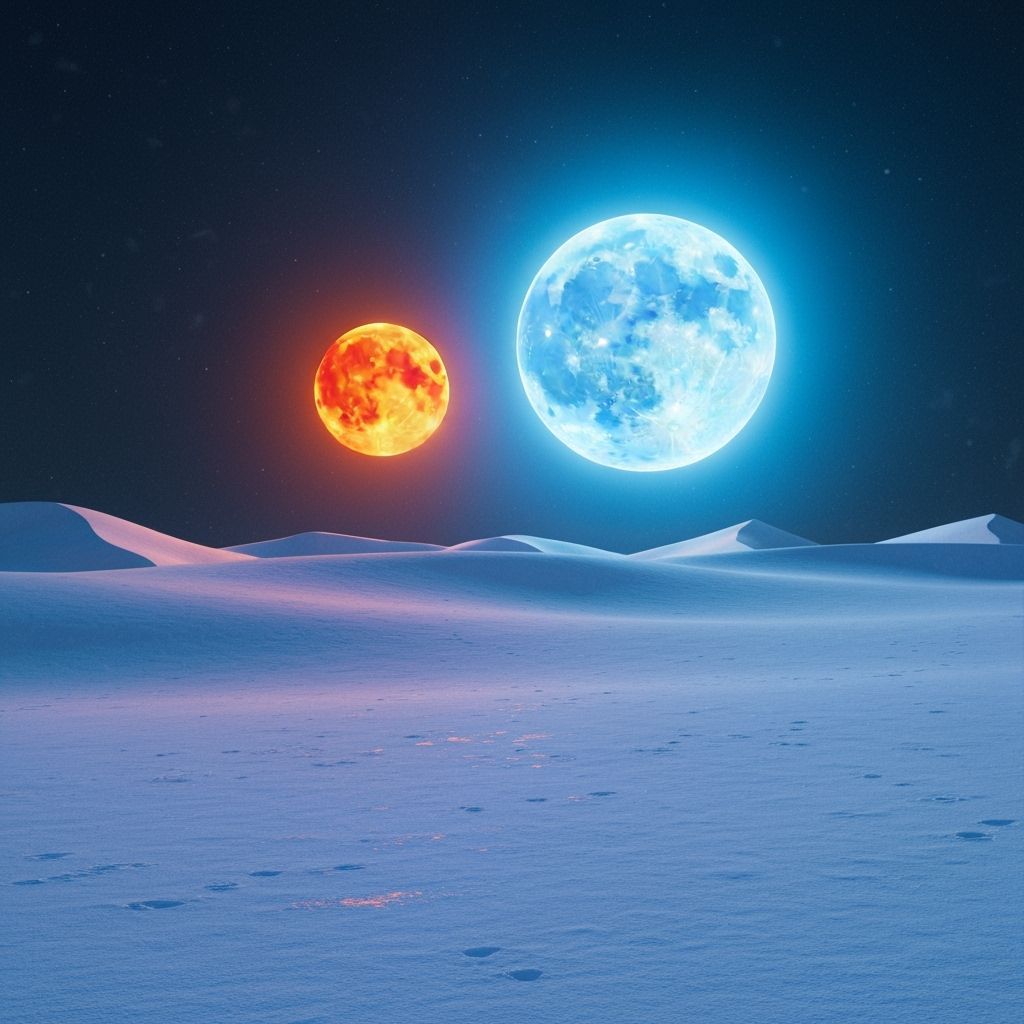 Fiery Moon & Icy Sun Over Snow Desert