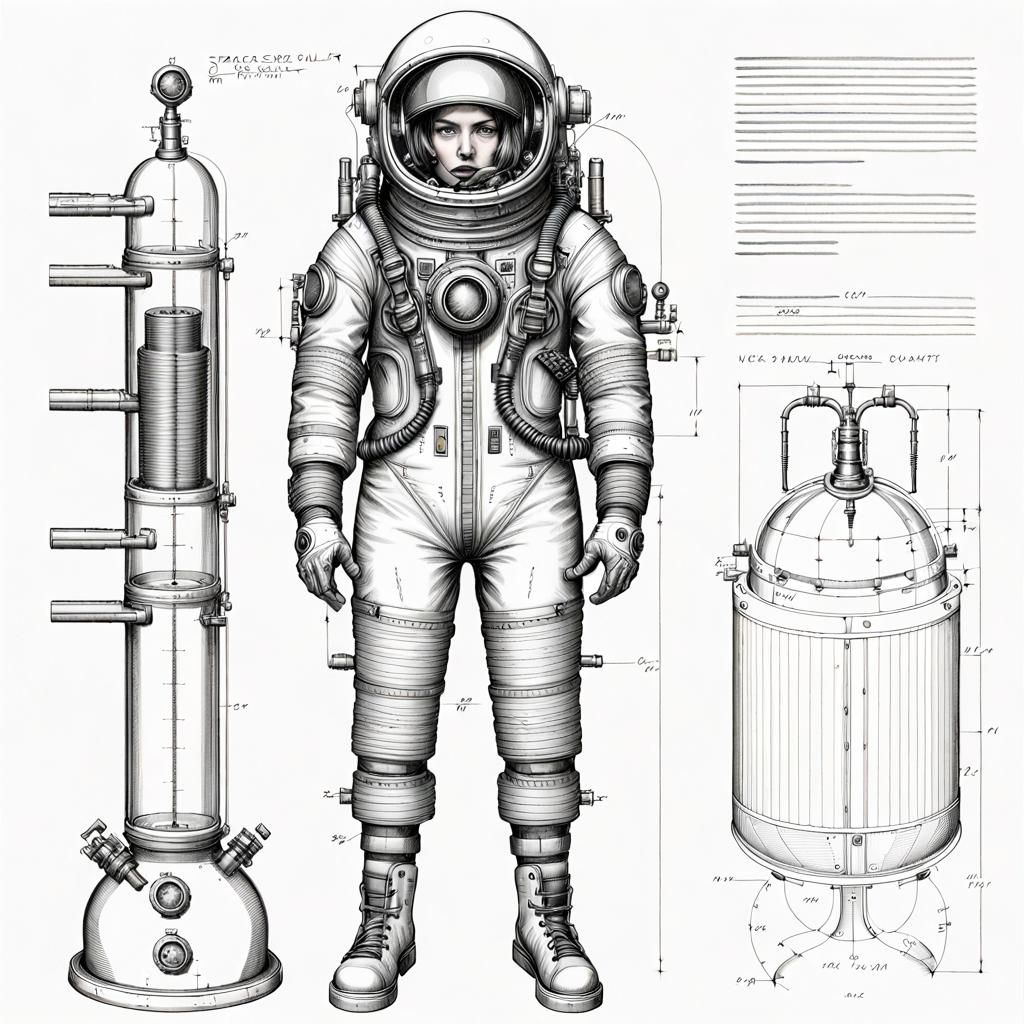 Atompunk Spacesuit with Dome Helmet: Mechanical Drawing