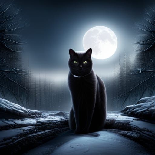 Black Cat in Winter Forest: Digital Matte Painting