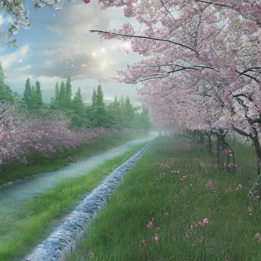 Blossom-Lined Railroad in Gentle Breeze: 3D Anime Art