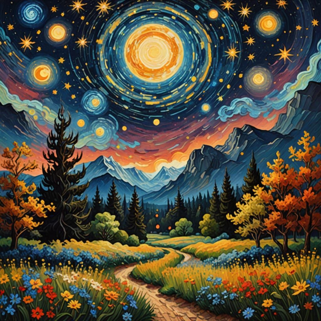 Cosmic Impressionist Masterpiece with Swirling Celestial Dan...