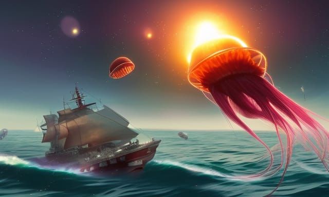 Jellyfish Ship Attacks Freighter at Magic Hour