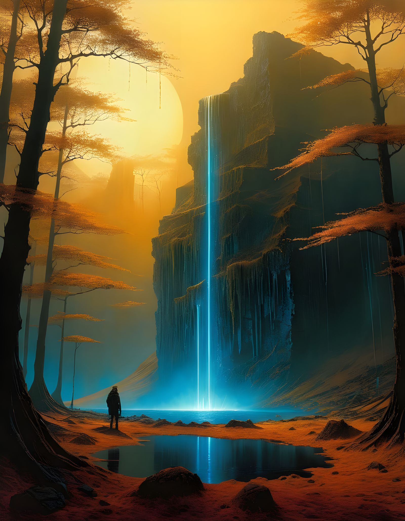 Bioluminescent Fountain in Metallic Forest