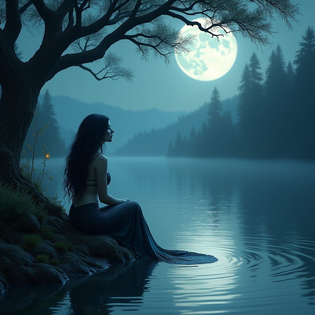 Mermaid in Moonlit Forest, Fantasy Concept Art