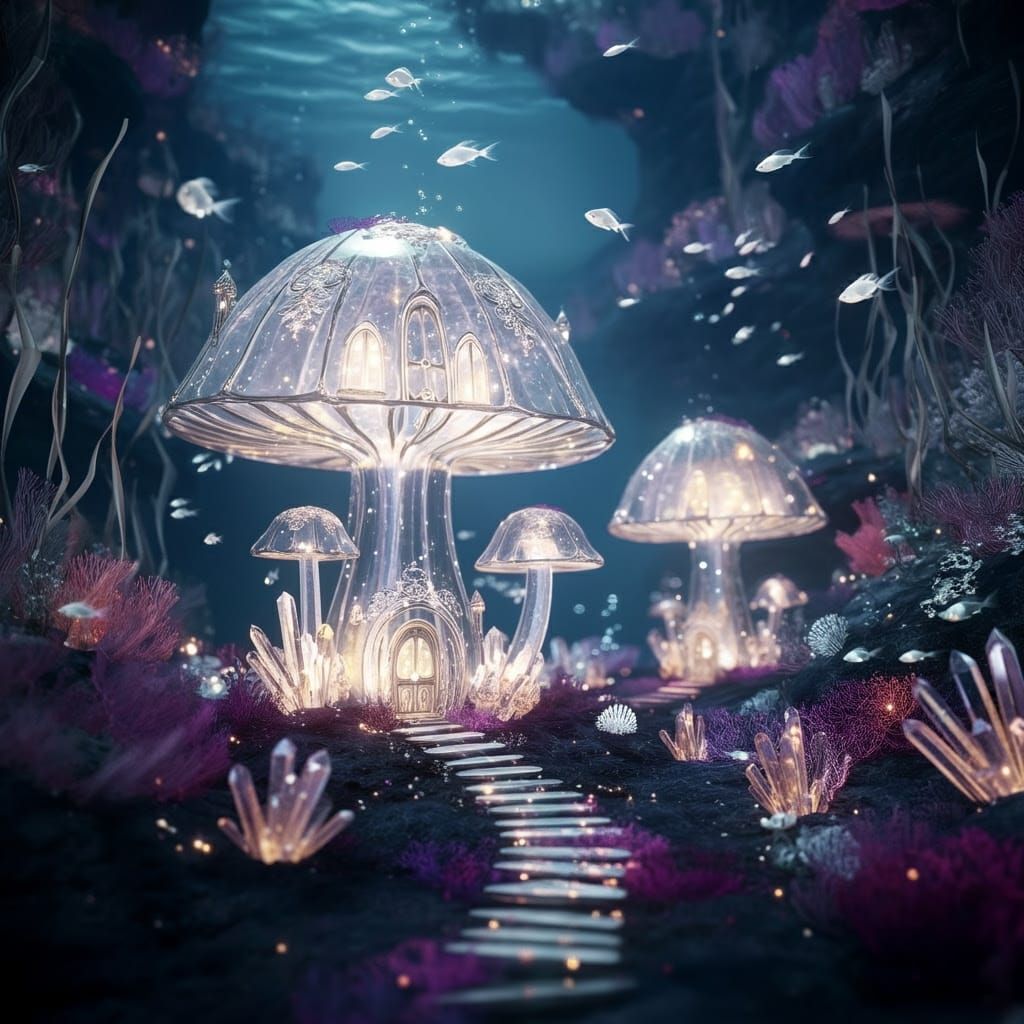 Glass Toadstool Houses in a Mystical Ocean