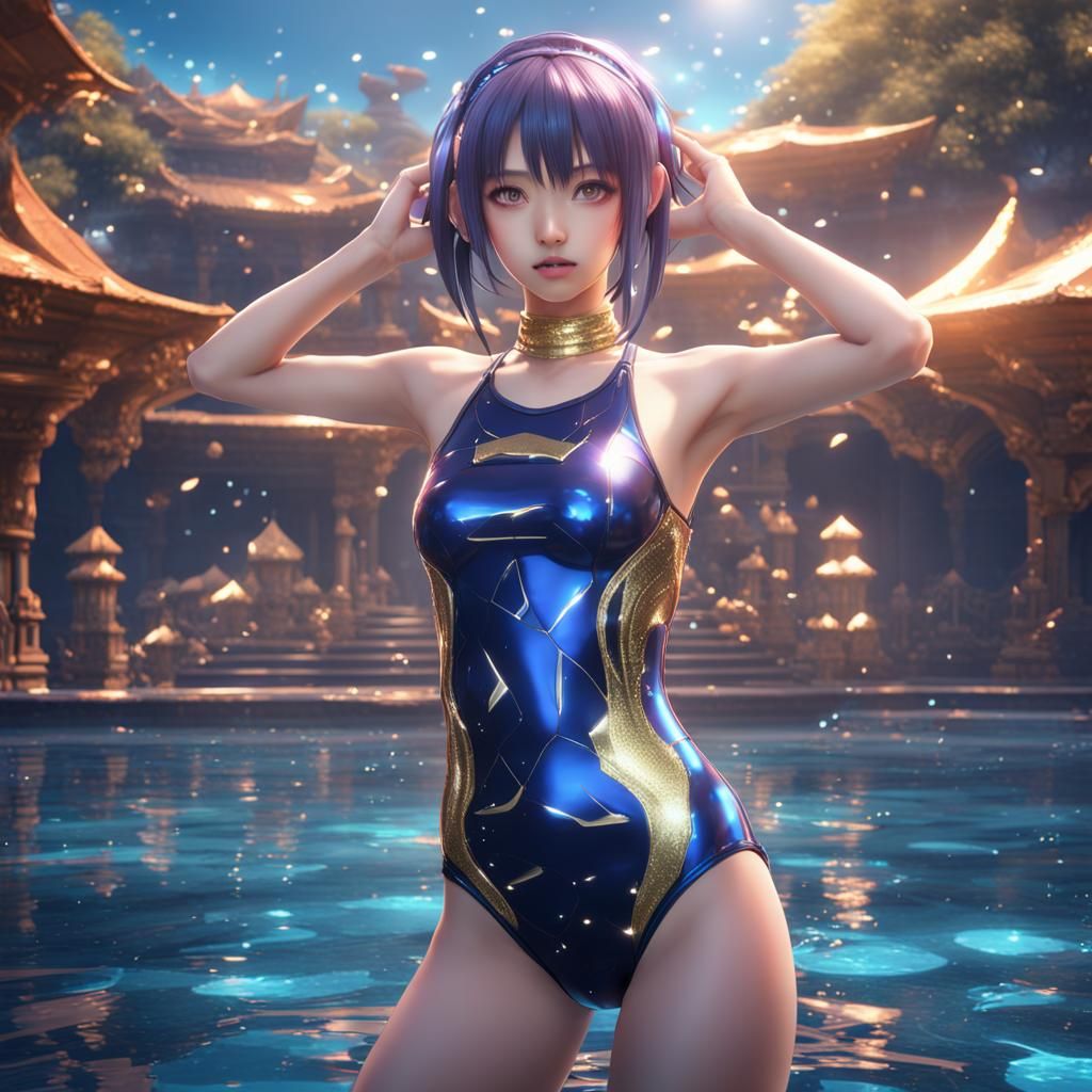 Anime Girl in Swimsuit: Detailed Matte Painting