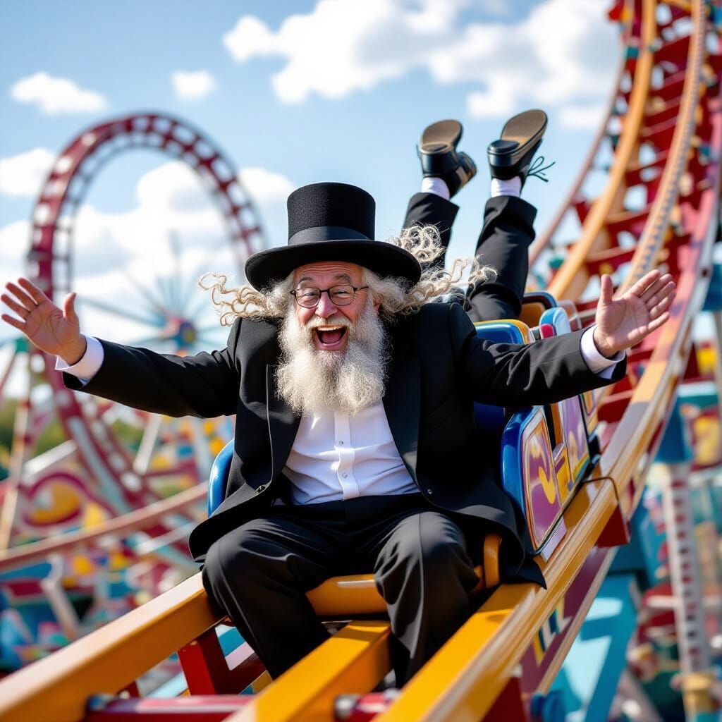Joyful Hasidic Man on Upside-Down Roller Coaster