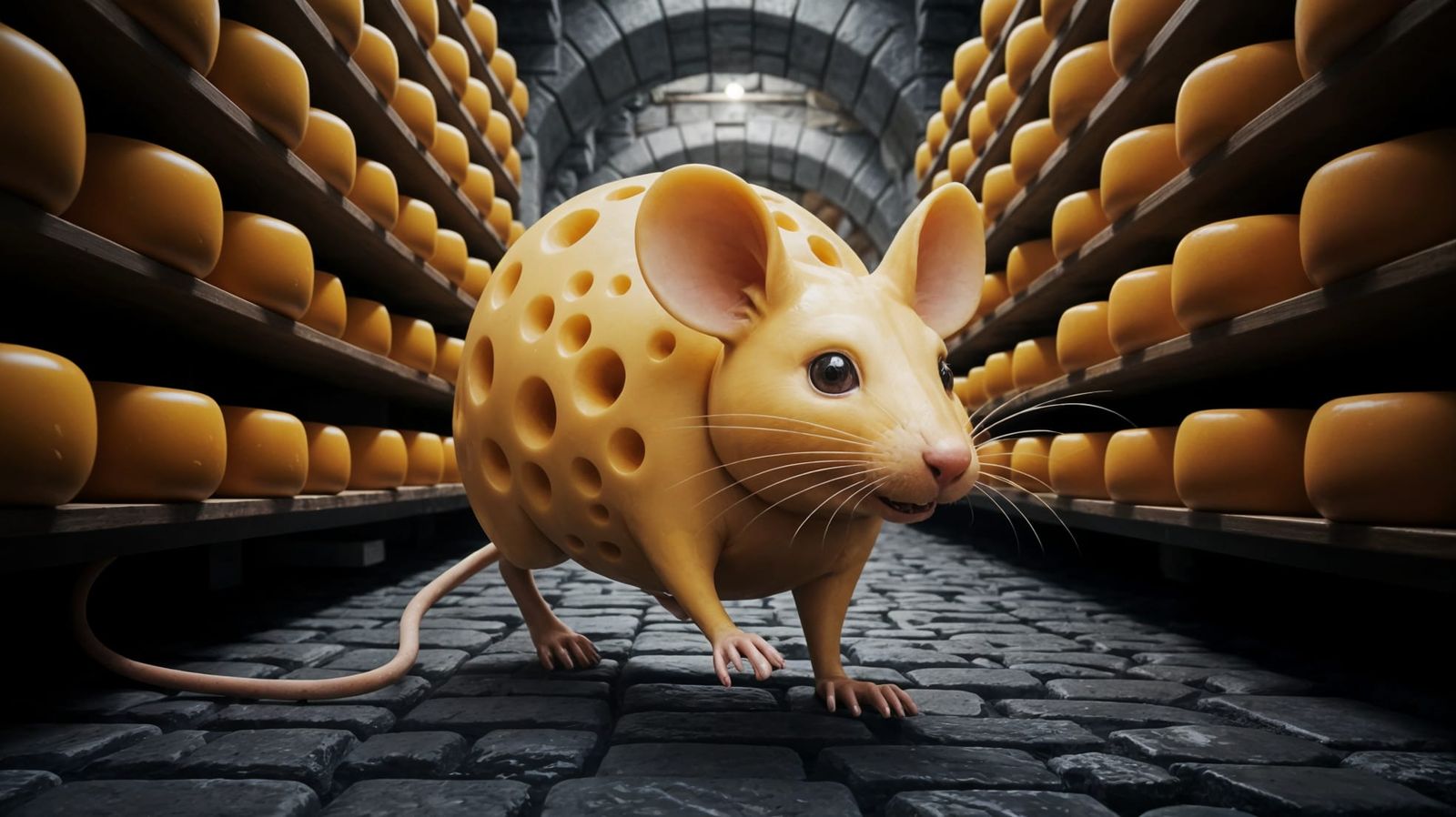 Cheese Mouse in Cheese Cellar: Surreal Digital Art