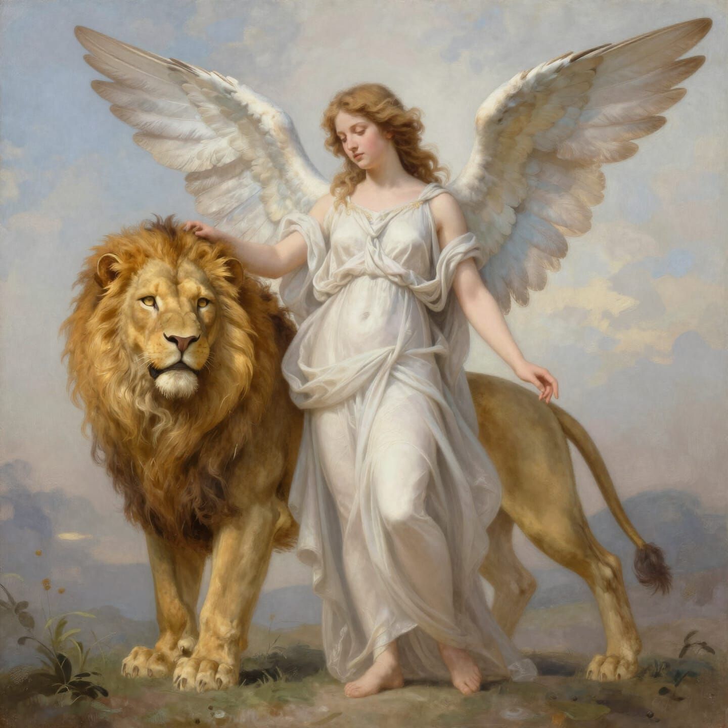 Angel and Lion Beside Each Other in Renaissance Style