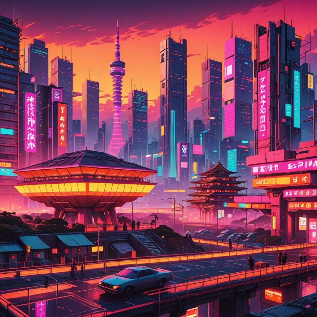 Futuristic Japanese Cityscape at Dawn in Warm Synthwave Neon